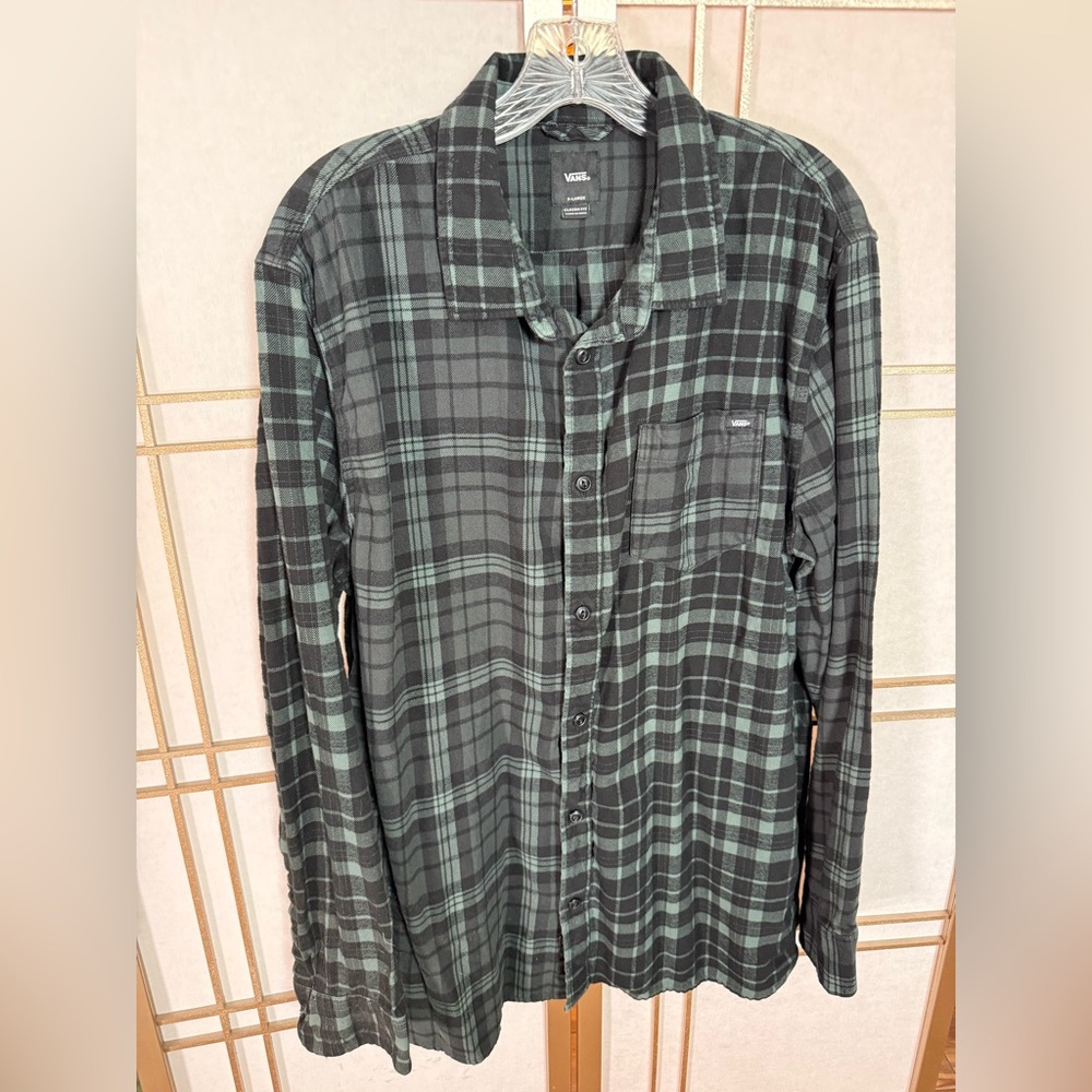 Vans Men's XL Black & Green Long Sleeve Plaid Button Down Shirt - Like New!